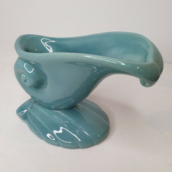 Vintage HAEGER Pottery Planter Blue Aqua Turquoise Clam Shell Wave Green Foil - Picture 11 of 12
